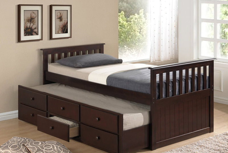 Espresso Solid Wood Captain Bed with Trundle and 3 Pullout Drawers - IF-314-E / T-2100-E
