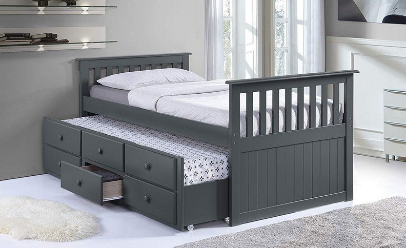 Grey Solid Wood Captain Bed with Trundle and 3 Pullout Drawers - IF-314-G / T-2100-G