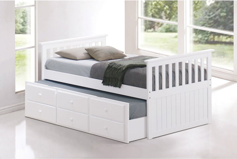 White Solid Wood Captain Bed with Trundle and 3 Pullout Drawers - IF-314-W / T-2100-W