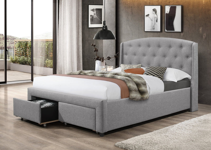 Winged Grey Fabric Bed With 2 Front Pull Out Drawers - IF-5290-D