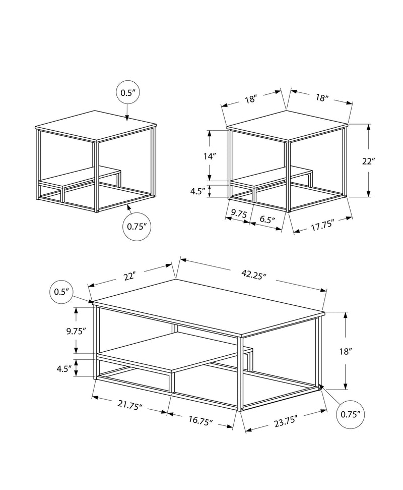 Table Set - 3Pcs Set / White / Silver Metal - I 7961P