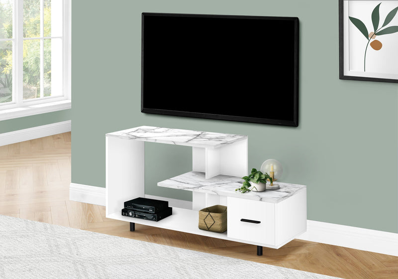 Tv Stand - 48"L / White / White Marble Top / 1 Drawer - I 2609