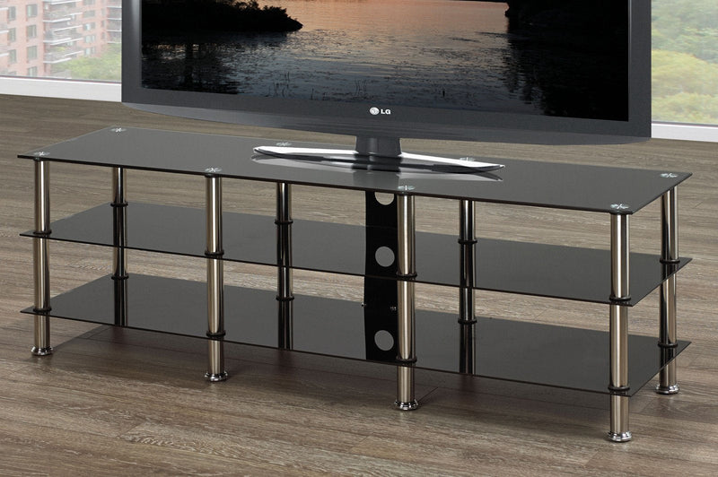 Black Glass TV Stand With 3 Shelves and Chrome Legs - IF-5004